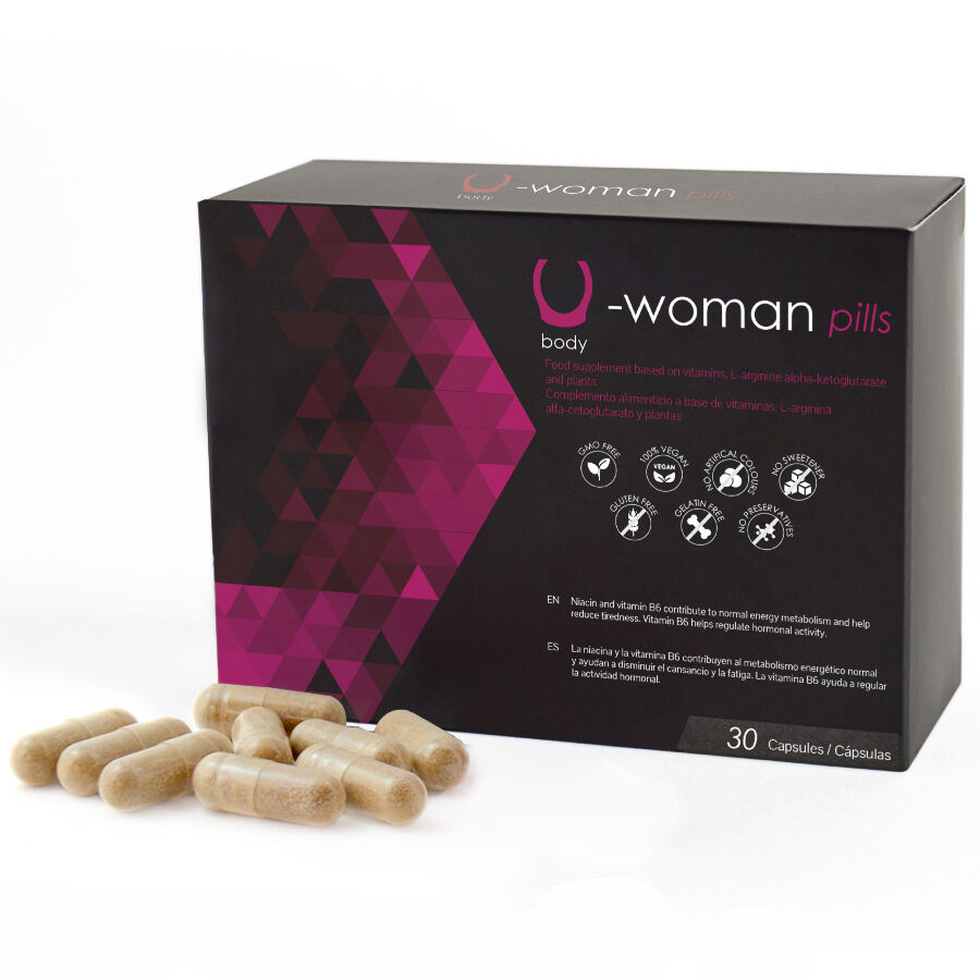 500Cosmetics U-Woman Pills en caja negra con cápsulas delante.