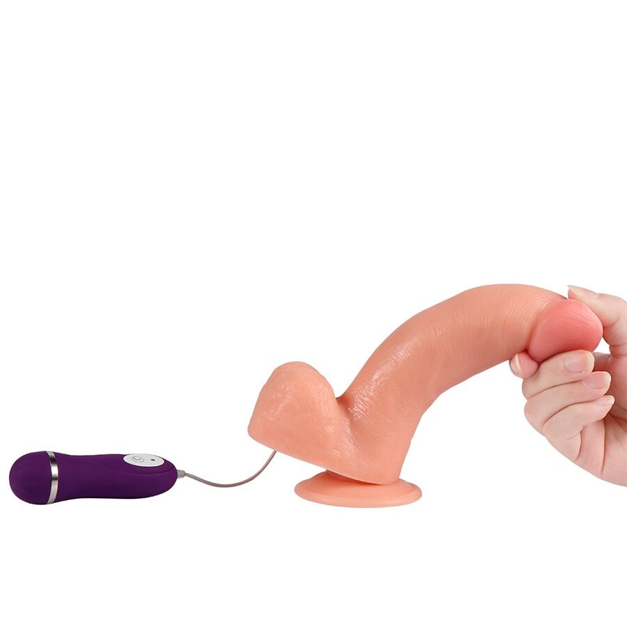 SHEQU Adam en detalle, dildo color carne con mando morado y base de succión.