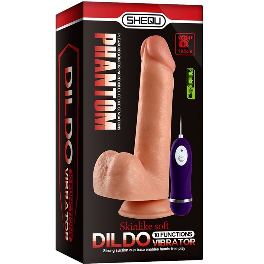 Caja del producto SHEQU Adam con dildo color piel y mando inalámbrico morado.