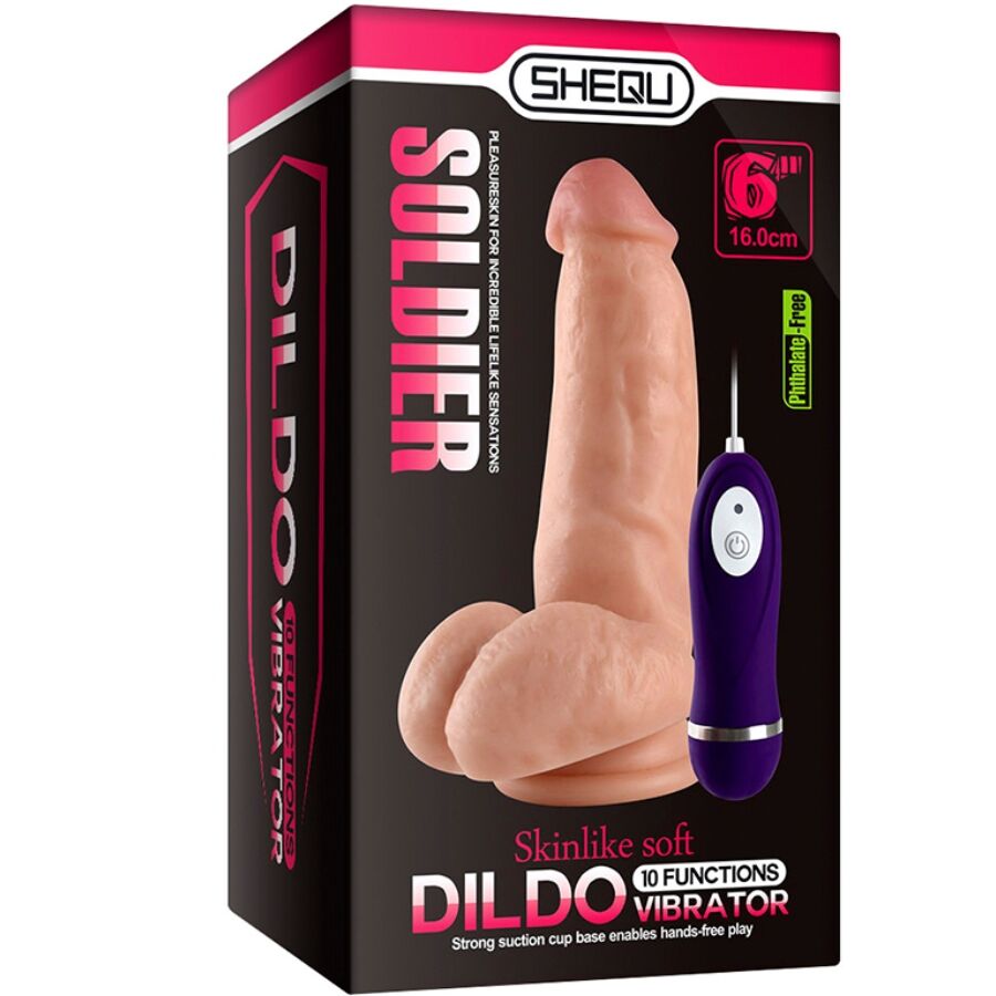 Caja del producto SHEQU Soldier con dildo vibrador y mando morado.