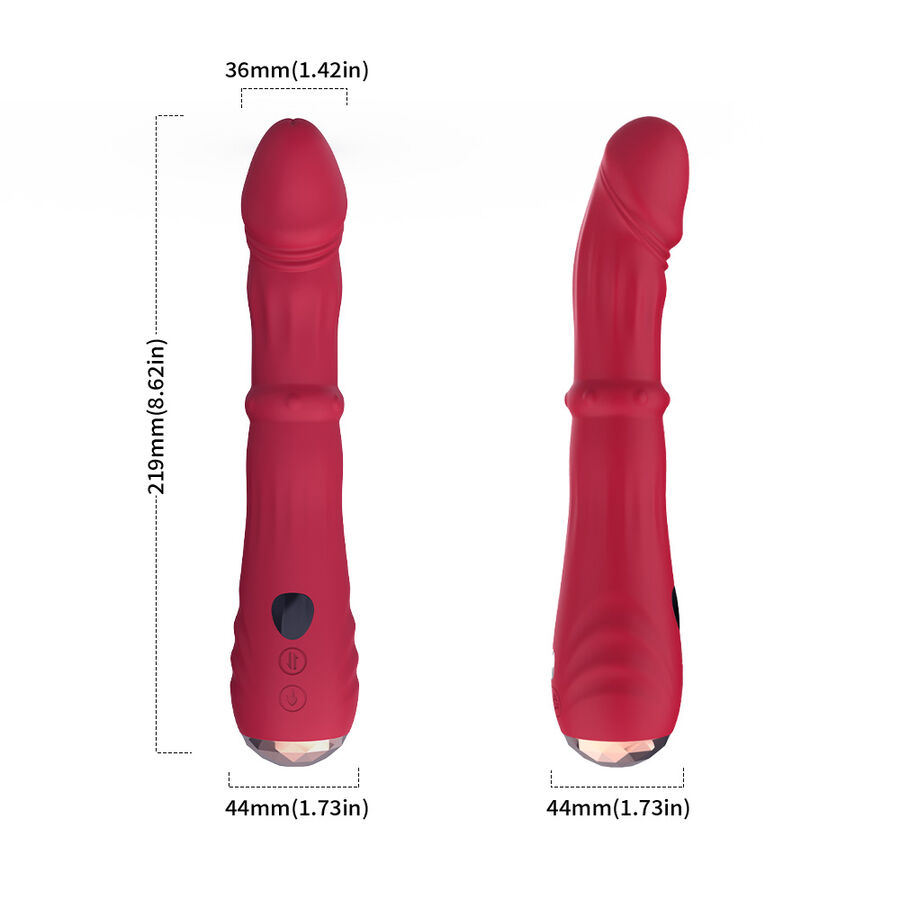 Guía de medidas del vibrador ARMONY VIBRATORS rojo, con vista frontal y lateral.