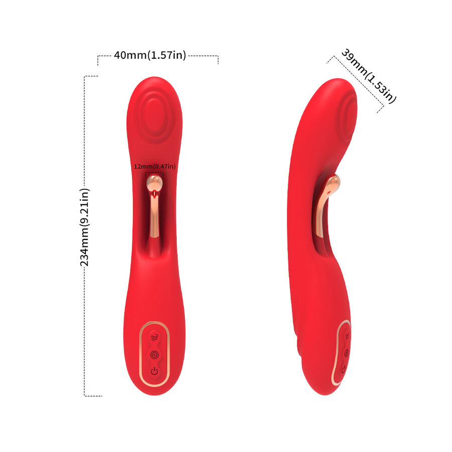 Guía de medidas del vibrador ARMONY rojo, con vista frontal y lateral.