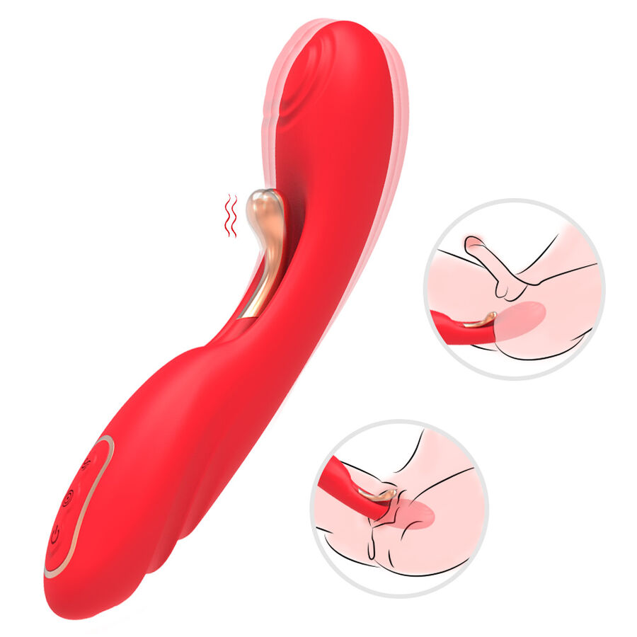 Vibrador ARMONY rojo de forma curva, vista lateral con detalle de lengua oscilante.