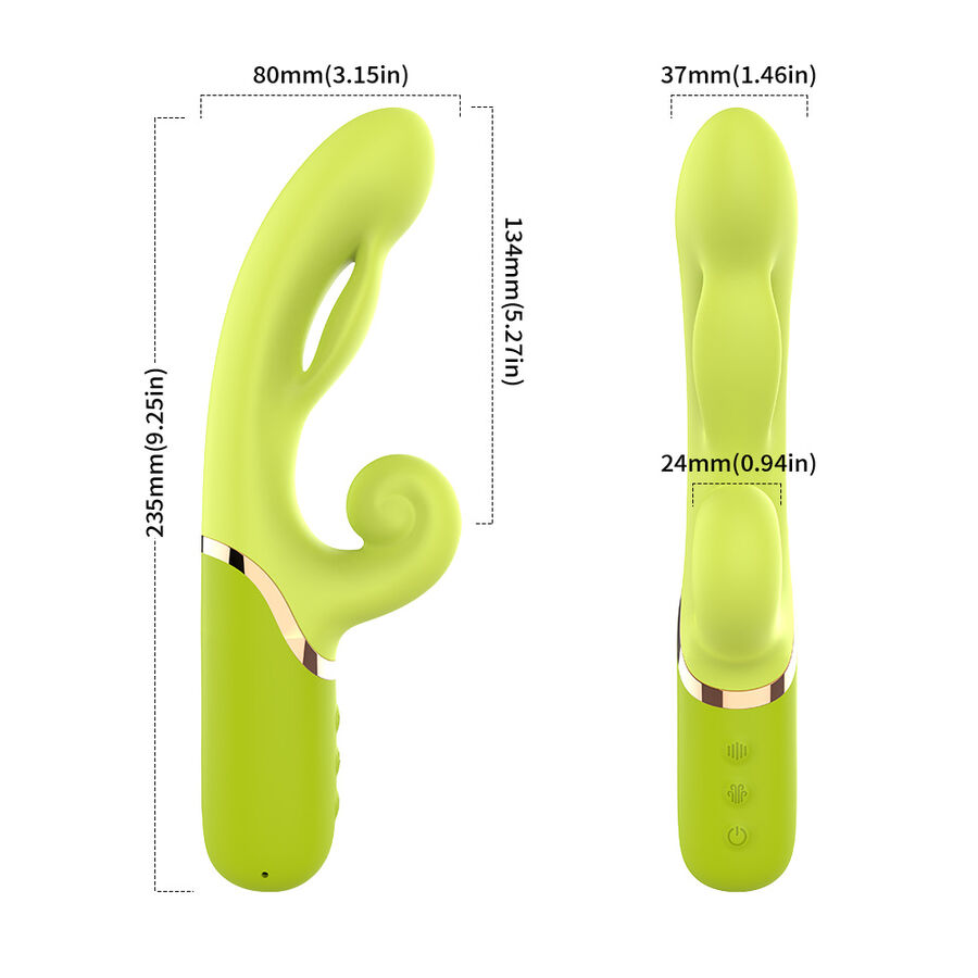 Guia de medidas del vibrador ARMONY VIBRATORS en color verde, con dos vistas y cotas visibles.