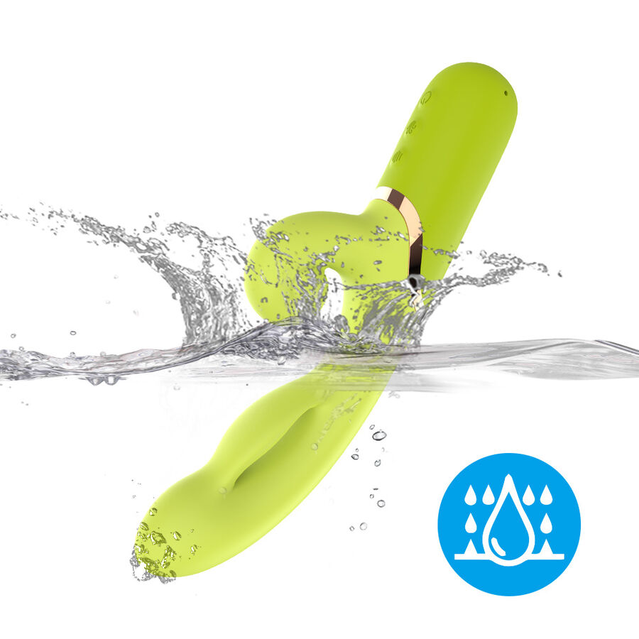 Estimulador inflable A-spot de ARMONY VIBRATORS en verde azulado, parcialmente sumergido en agua.