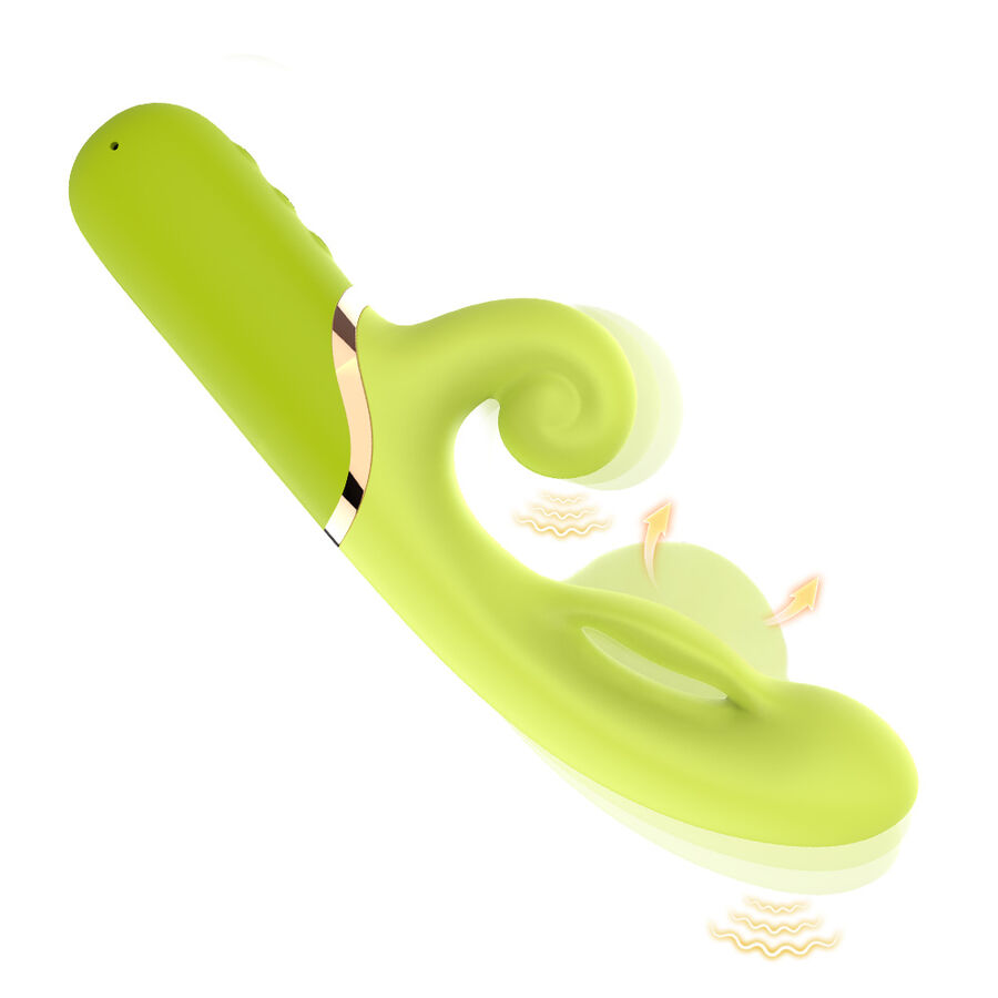 Detalle del estimulador ARMONY VIBRATORS en verde lima, con cuerpo curvado y punta en aro.