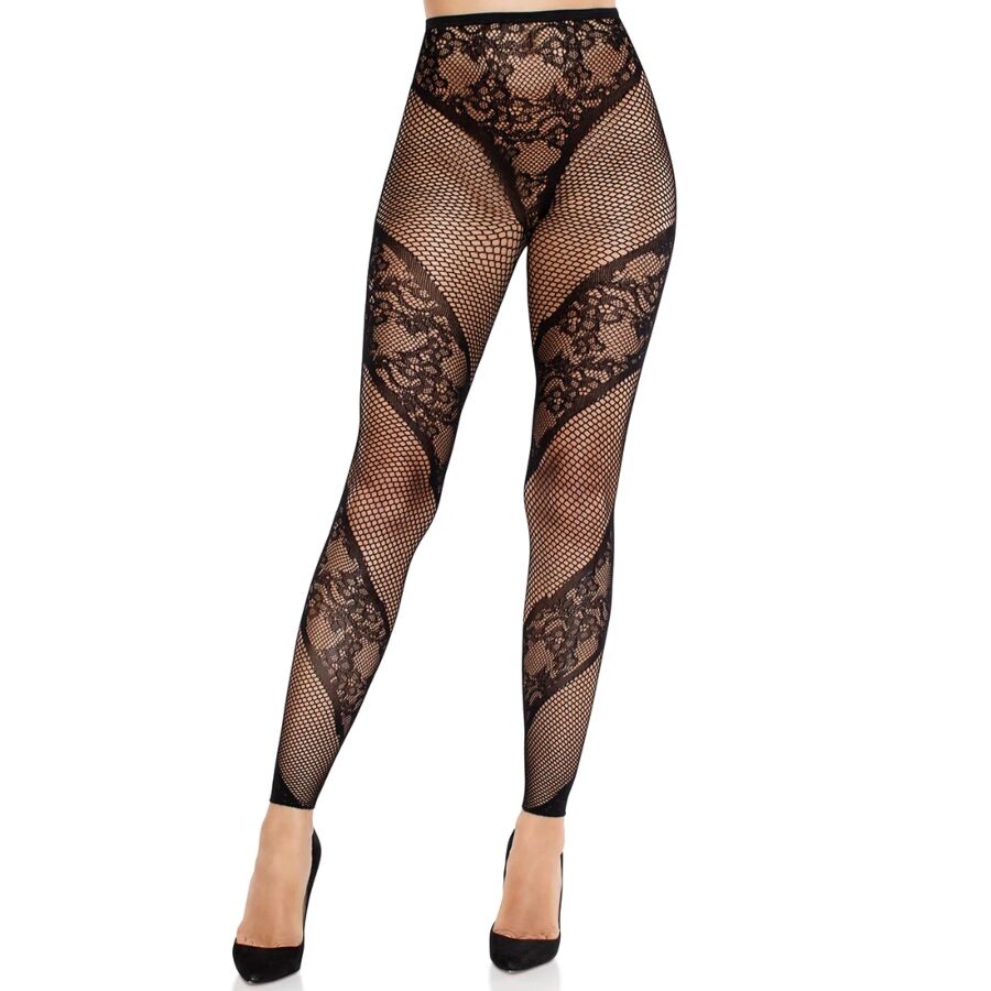 Leg Avenue Medias sin pie de encaje y tul negras, vista frontal en la modelo.