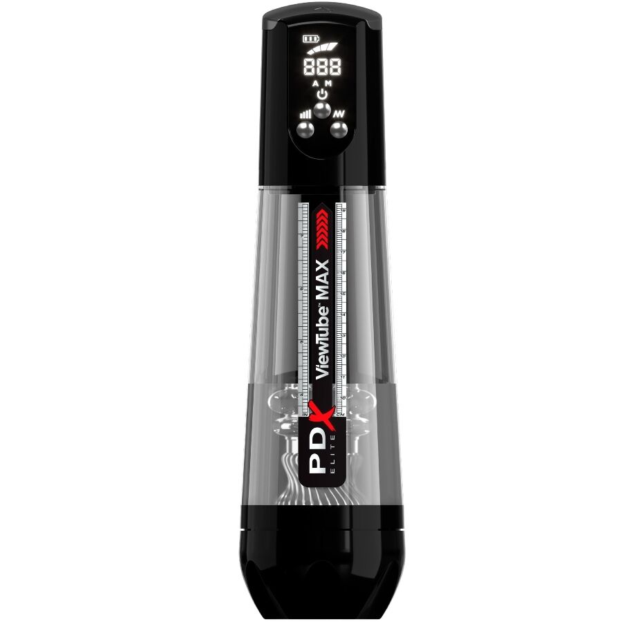 PDX Elite ViewTube Max View en vista frontal, con cuerpo transparente y pantalla digital visible.