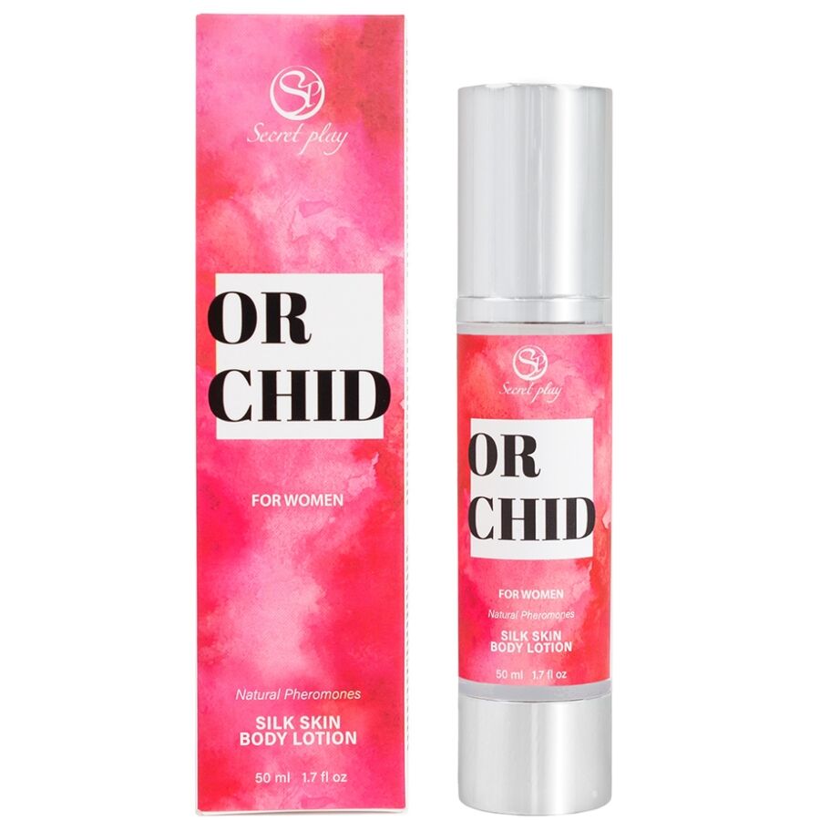 Secretplay Orchid Silk Skin Lotion para mujer con caja rosa y envase plateado.