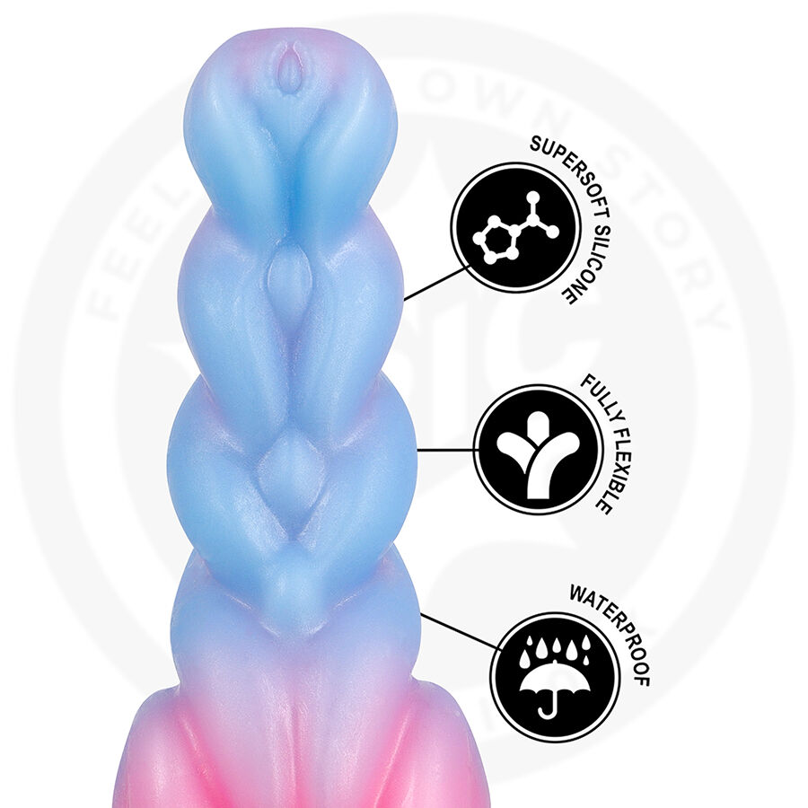 Detalle del dildo EPIC Rheona (Dawn) en tonos azul y rosa con iconos de características.