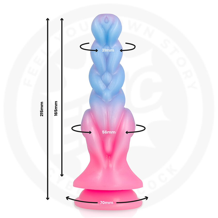Guía de medidas del dildo EPIC Rheona (Dawn) en degradado azul y rosa, con medidas visibles.