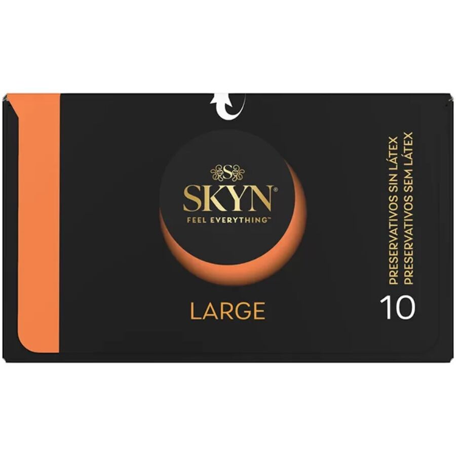Caja del producto SKYN Large, negra y naranja, de 10 unidades.