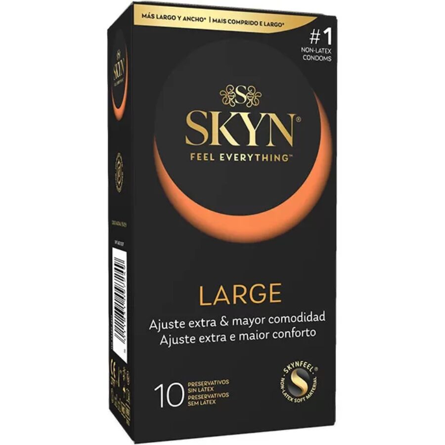 Caja del producto SKYN Large, negra y dorada, de 10 preservativos.