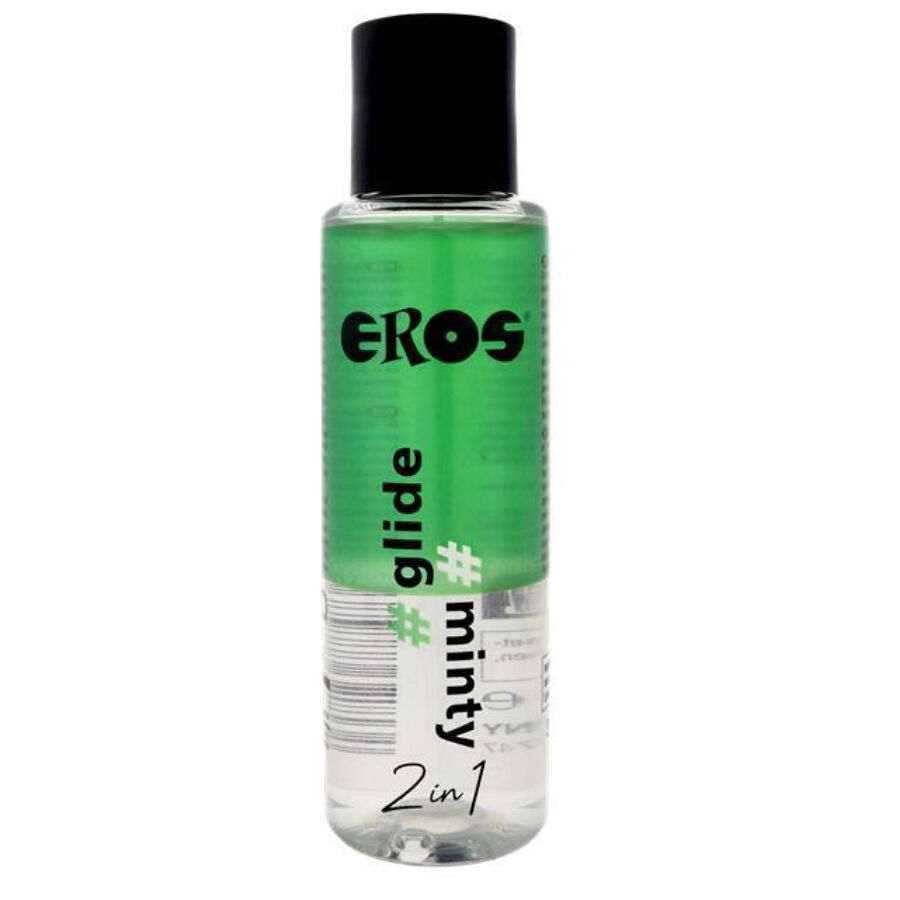 EROS Classic Line Glide Minty en frasco verde y transparente con tapón negro.