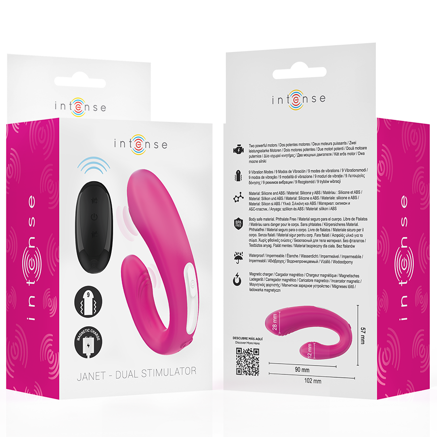 Caja del INTENSE Janet Dual Stimulator en rosa, con vista frontal y trasera del envase.