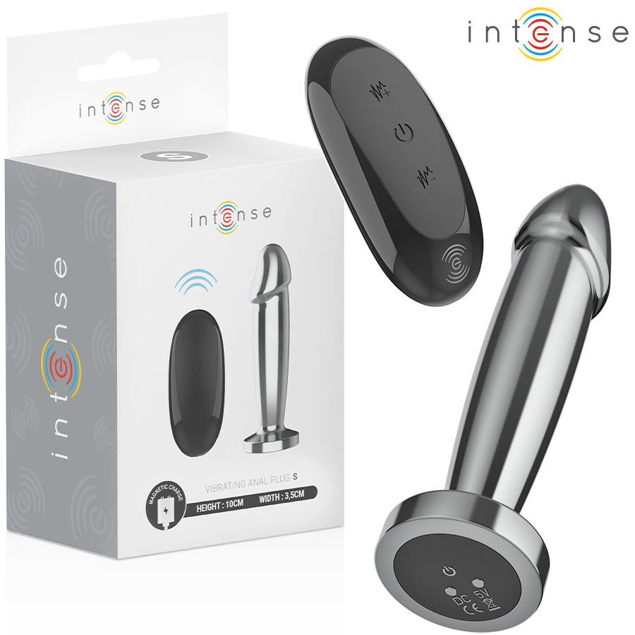 INTENSE Intense Anal Plug S en negro con mando y caja del producto.