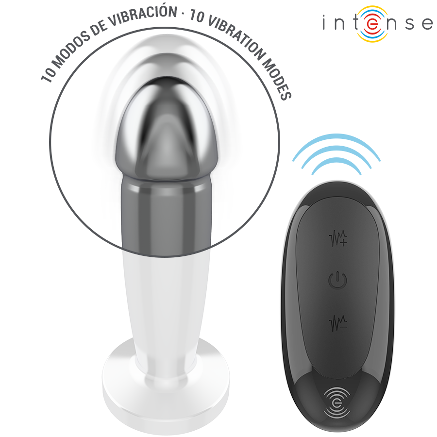 INTENSE Intense Anal Plug S en blanco y negro, con mando al lado y vista frontal.