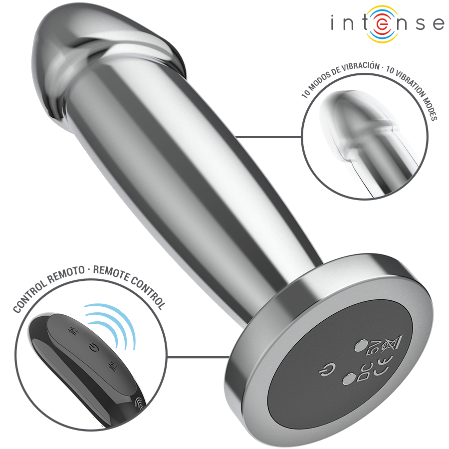INTENSE Intense Anal Plug S en detalle, con mando a distancia e indicación de modos de vibración.