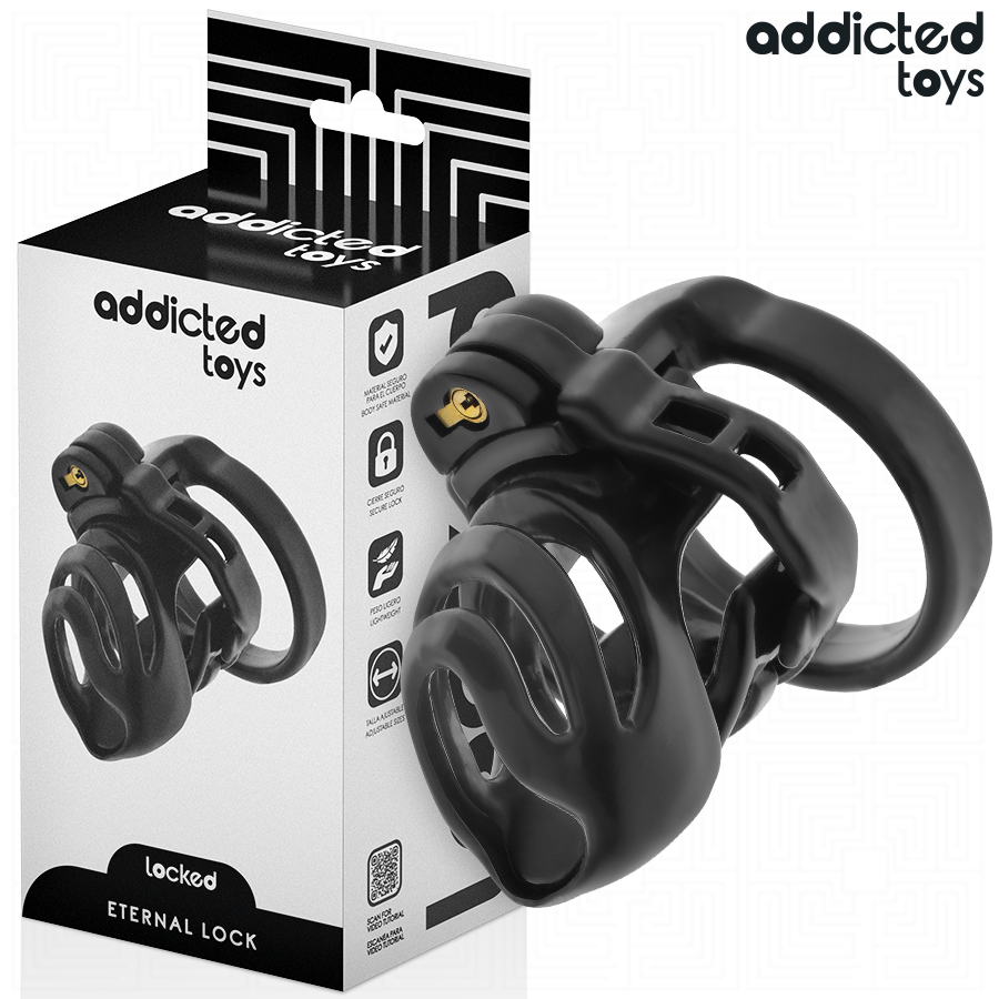 Caja del producto ADDICTED TOYS LOCKED Eternal Lock con jaula negra mostrada al frente.
