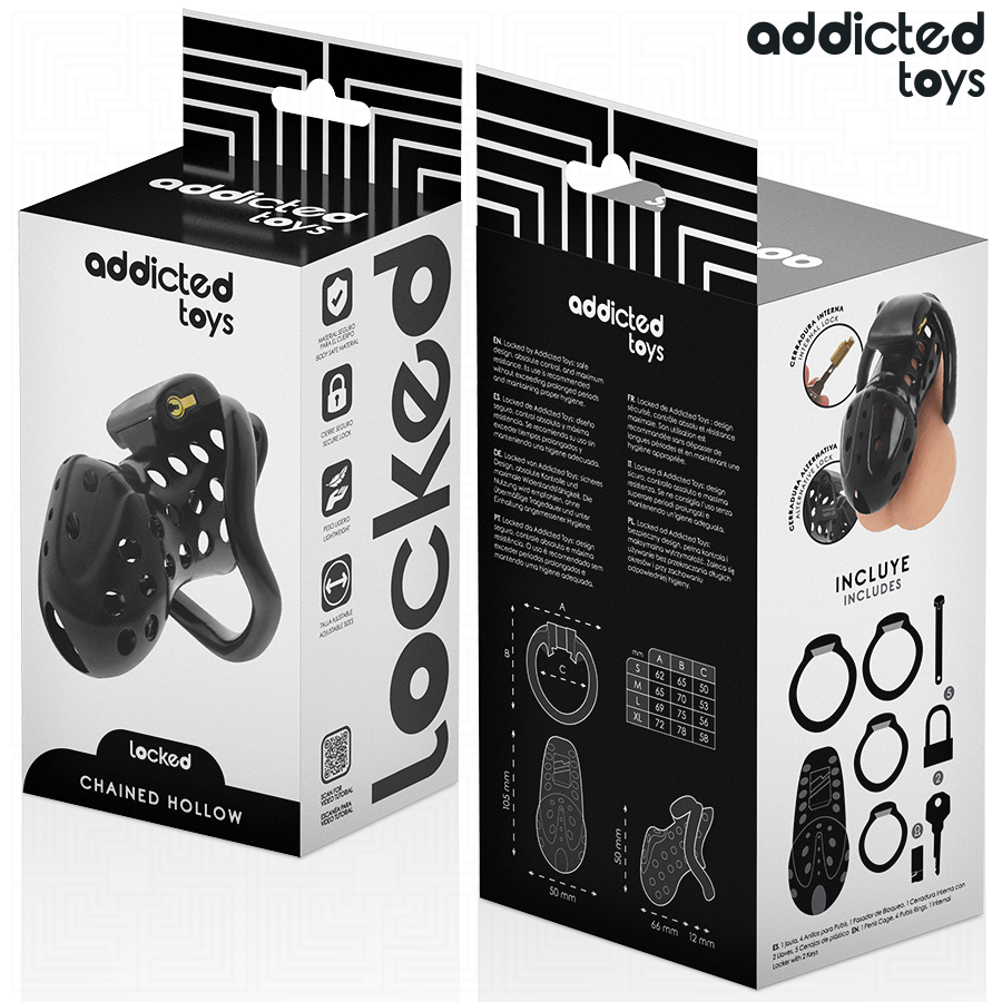 Caja del producto Addicted Toys Locked con ilustración de la jaula negra y accesorios incluidos.