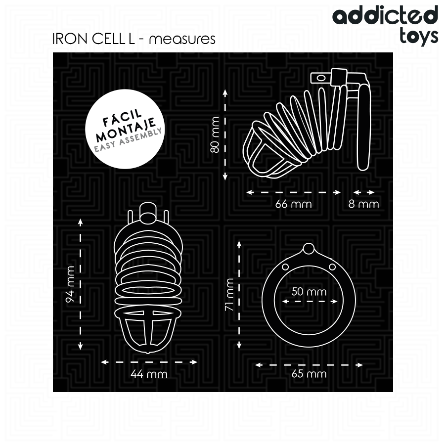 Tabla de medidas de Addicted Toys Locked Iron Cell L con esquema técnico y dimensiones.