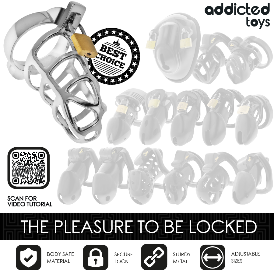 Caja del producto Addicted Toys Locked con jaula metálica plateada y varias tallas