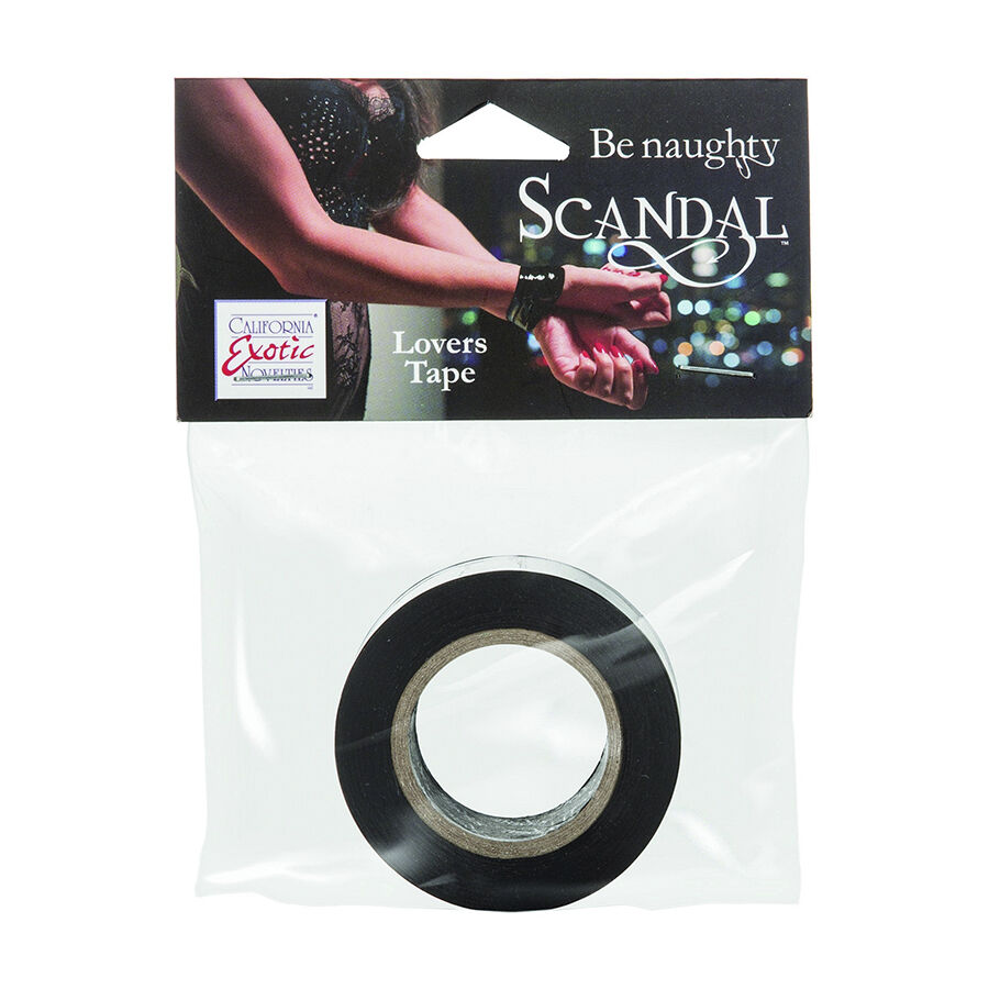 CalExotics Scandal cinta de bondage negra en su envase, con el rollo visible