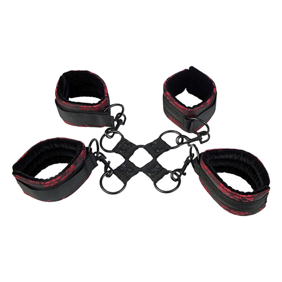 CalExotics Scandal Hog Tie con cuatro esposas ajustables en brocado rojo y negro.