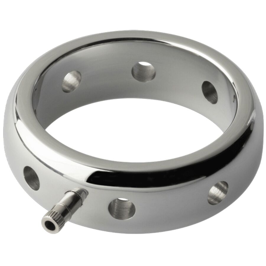 ElectraStim Prestige: anillo metálico pulido con orificios y conector lateral.