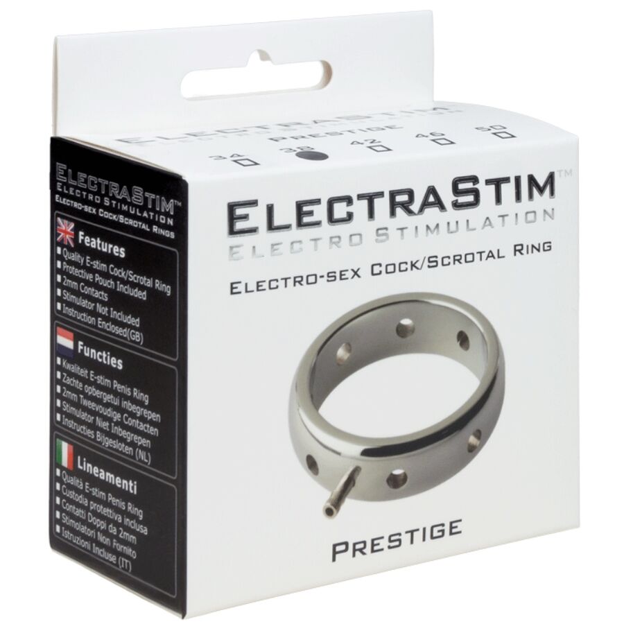 Caja del producto ElectraStim Prestige con anillo metálico en el frontal.