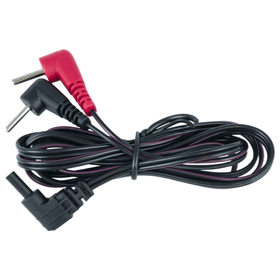 Cable ElectraStim negro con conectores acodados rojo y negro.