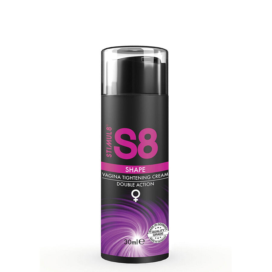 STIMUL8 S8 Shape, crema reafirmante vaginal, en botella negra con tapón transparente.