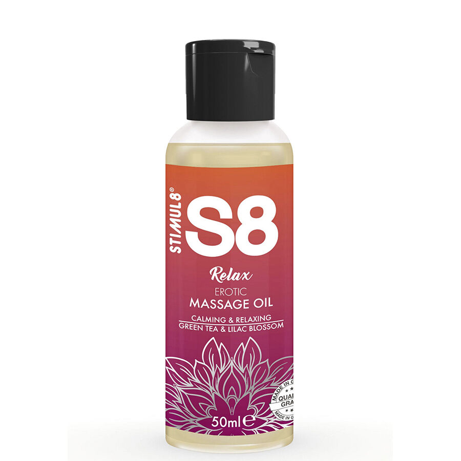 STIMUL8 S8 aceite de masaje Relax en botella de 50 ml, con etiqueta rosa y naranja.