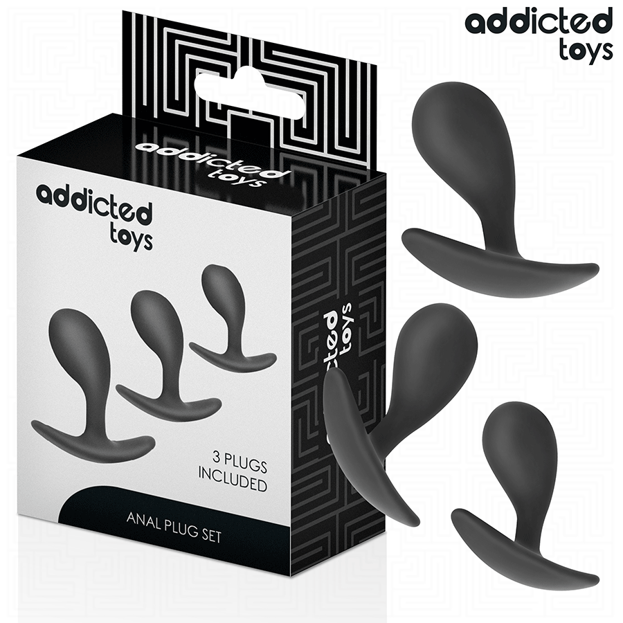 Caja del producto ADDICTED TOYS con tres tapones anales ilustrados en negro.