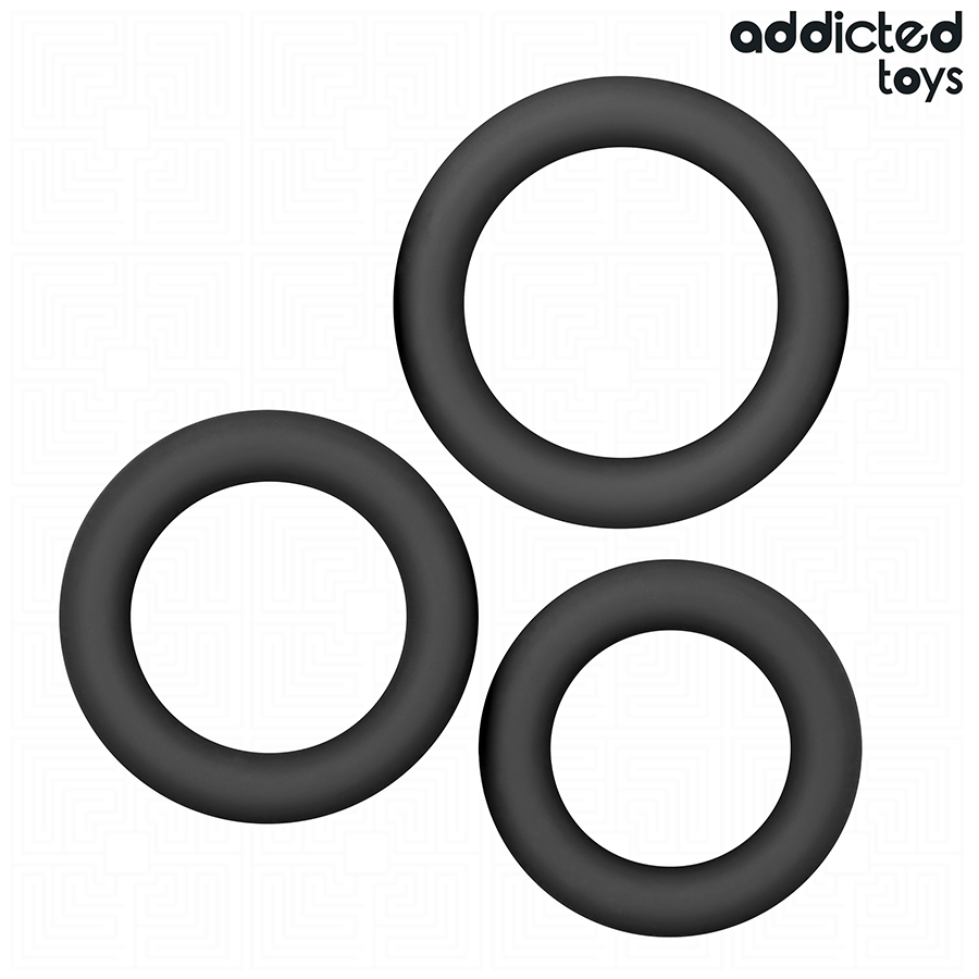 Set de 3 anillas negras de Addicted Toys en vista superior.