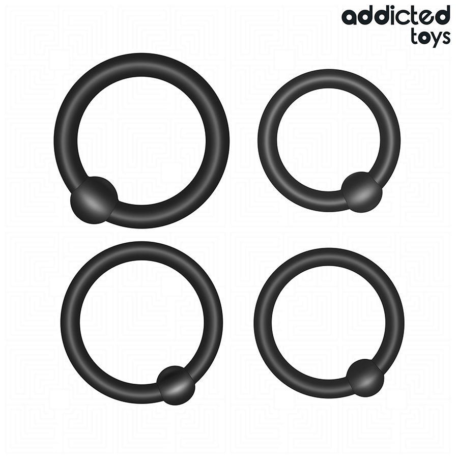 Pack de 4 anillas negras de silicona Addicted Toys, vistas de frente en distintos tamaños.