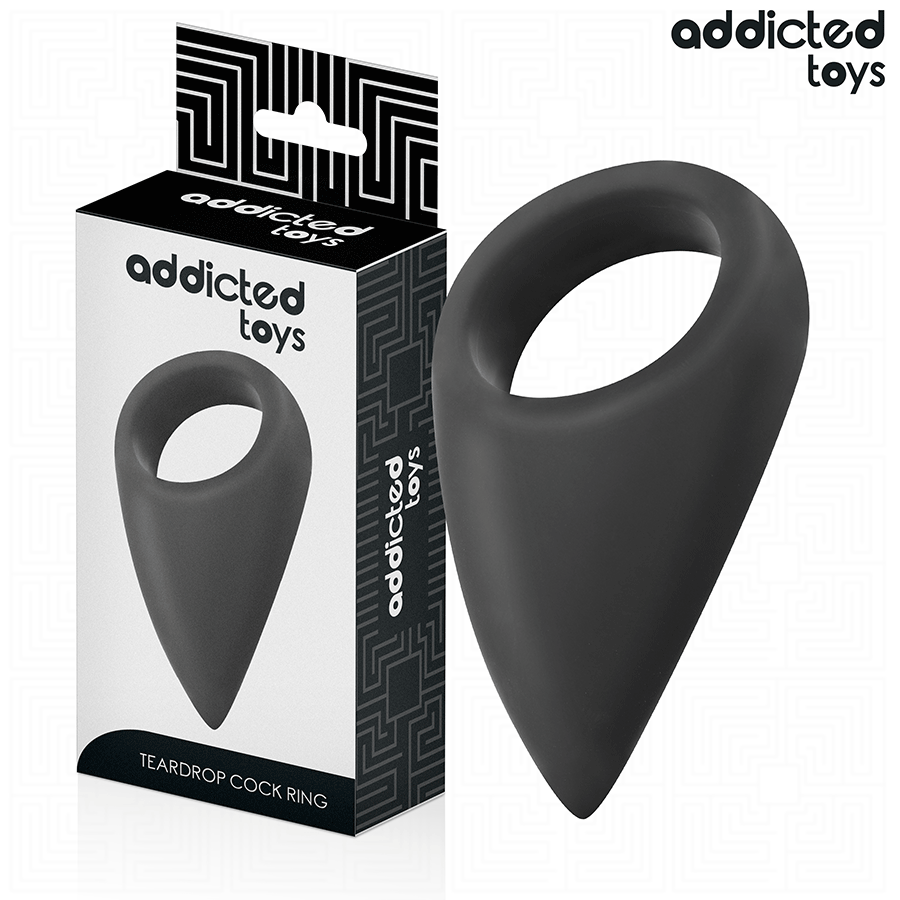 Anilla peneana en forma de lágrima Addicted Toys negra con la caja del producto.