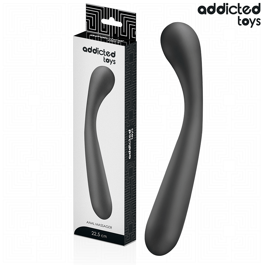 Masajeador anal doble Addicted Toys negro junto a su caja del producto.