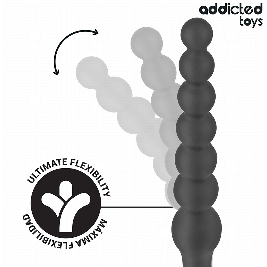 Detalle del masajeador anal doble de Addicted Toys en negro, con segmentos redondeados y gráfico de flexibilidad.