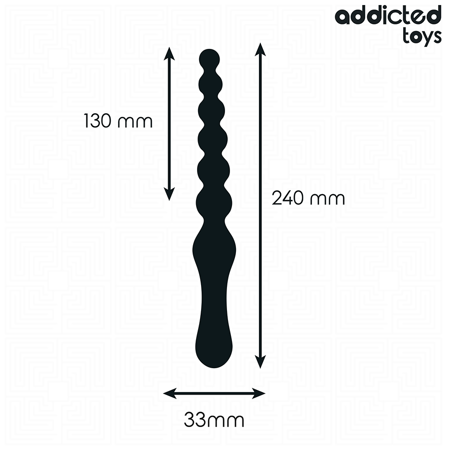 Guía de medidas del Addicted Toys Double Anal Massager con silueta y dimensiones en mm.