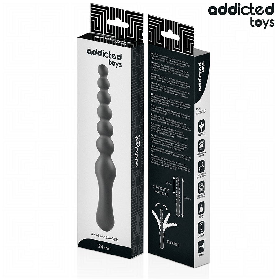 Caja del producto Addicted Toys Double Anal Massager en blanco y negro, con ambas caras visibles.