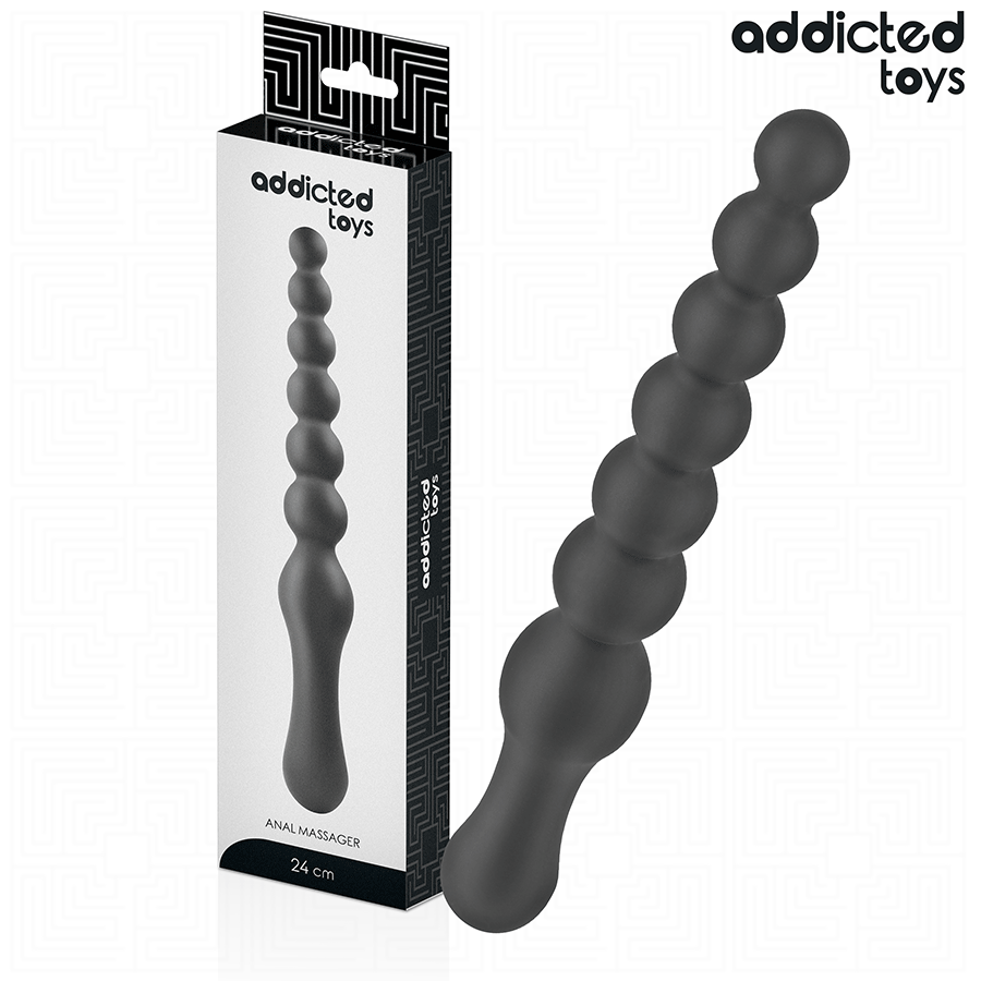 Addicted Toys Double Anal Massager de silicona negra junto a su caja del producto.