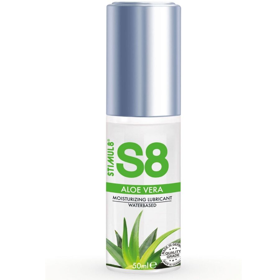 Lubricante STIMUL8 S8 Aloe Vera en botella de 50 ml, con tapón plateado.