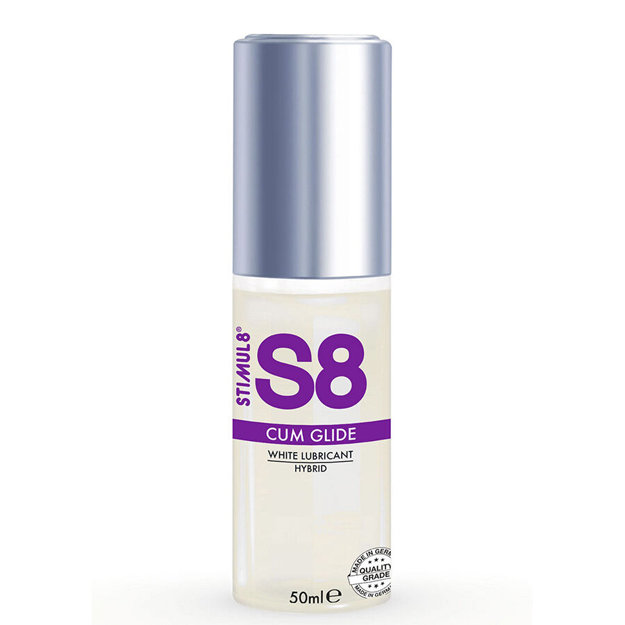 Stimul8 S8 Cum Glide, lubricante híbrido en frasco transparente con tapón plateado.