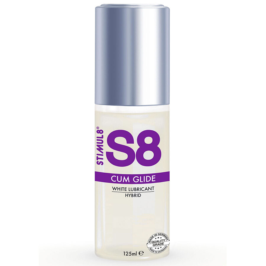 Stimul8 S8 Cum Glide, lubricante híbrido en botella blanca con tapa plateada.