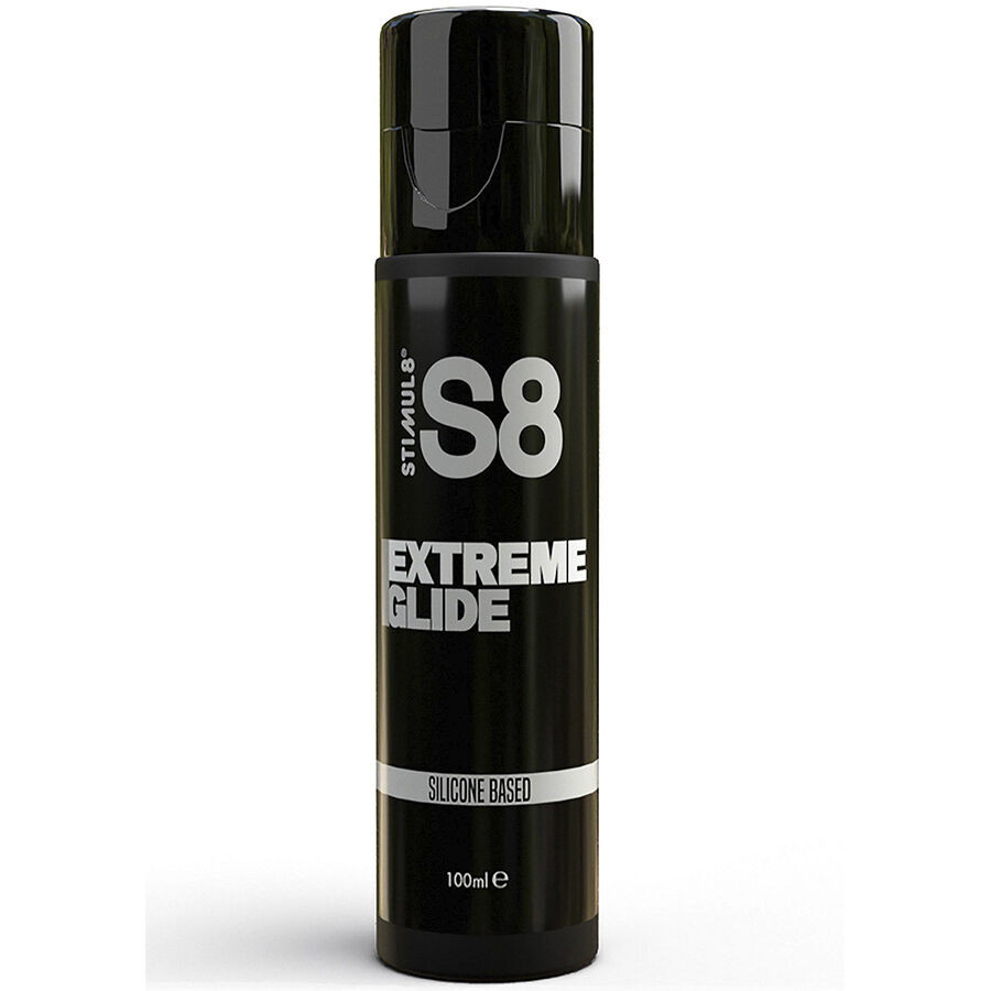 STIMUL8 S8 Extreme Glide, lubricante de silicona en botella negra con tapón dosificador.