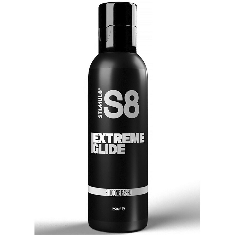 Lubricante STIMUL8 S8 Extreme Glide en botella negra, vista frontal.