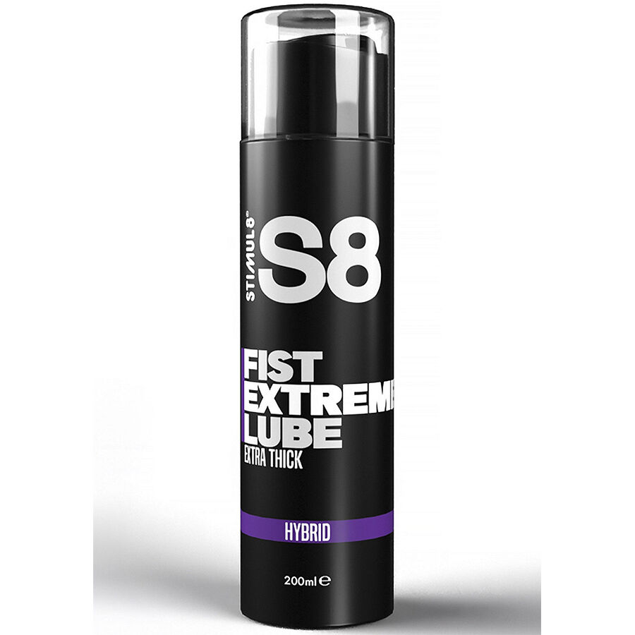 Stimul8 S8 Extreme Fist lubricante híbrido en botella negra con tapa transparente, vista frontal