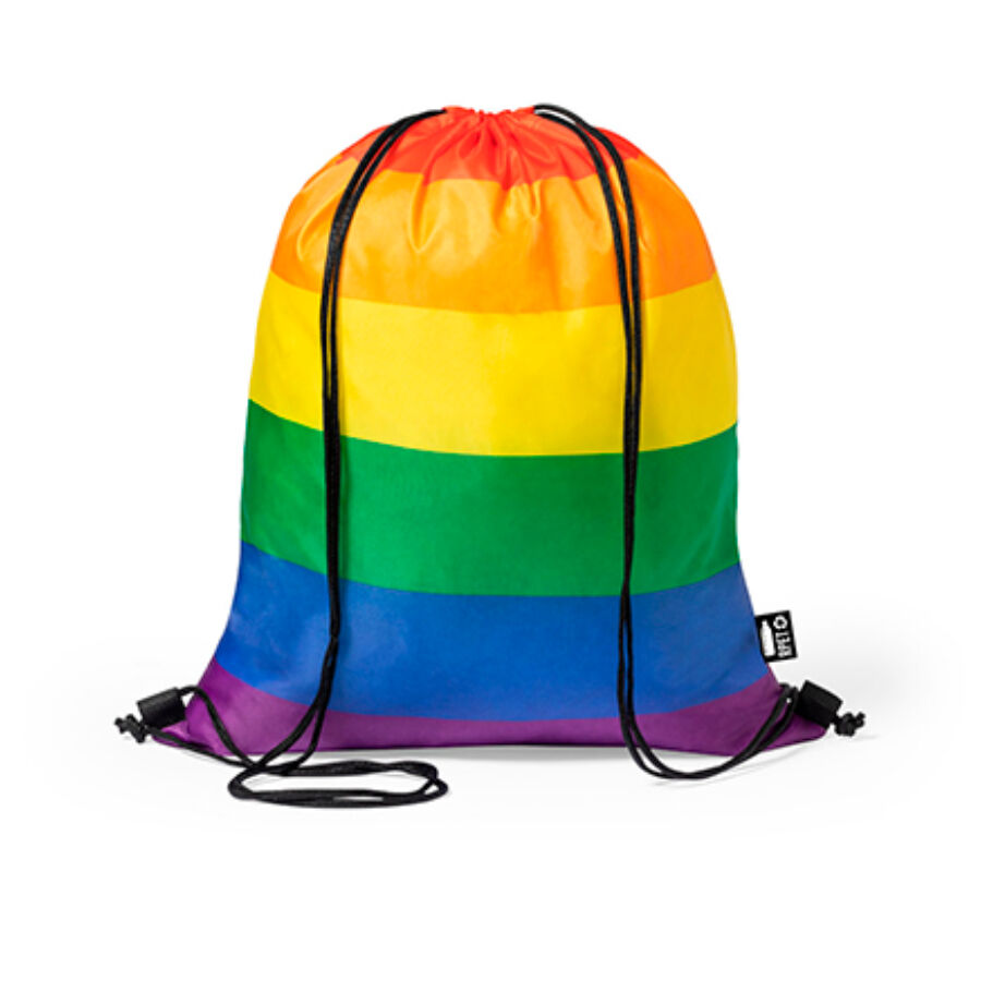 Mochila saco PRIDE a rayas arcoíris, vista frontal.