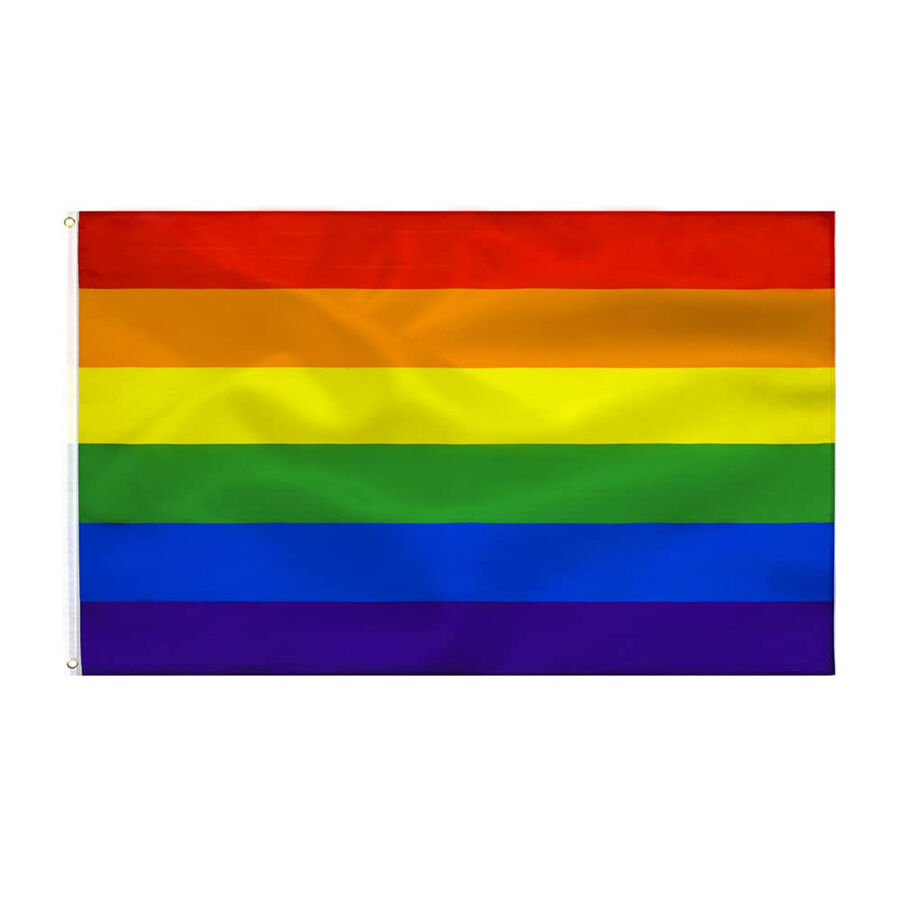 Bandera PRIDE arcoíris con franjas horizontales y ojales laterales.